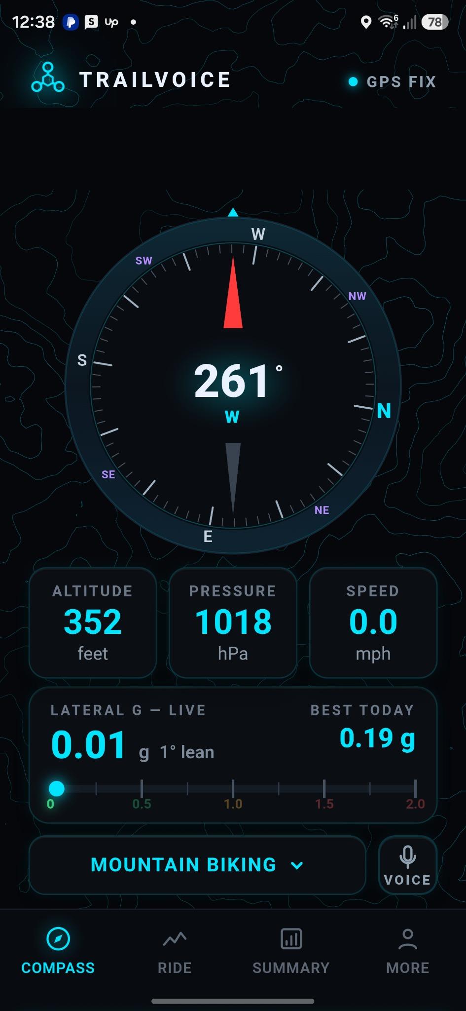 Real TrailVoice app compass and live telemetry screen